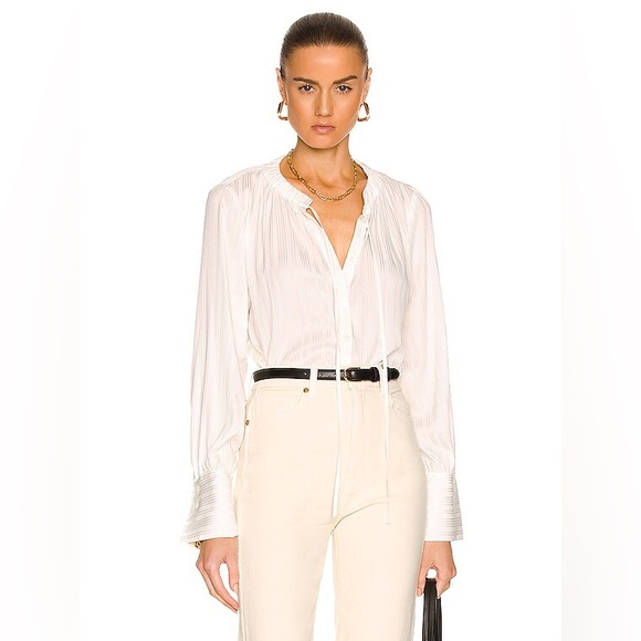 Frame Denim Tops - FRAME | Shirred Neck Tie Off White Silk Blouse XS